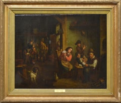 Scène de taverne de l'école baroque flamande du XVIIe siècle : joueurs de cartes, huile sur toile