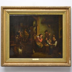 Scène de taverne de l'école baroque flamande du XVIIe siècle : joueurs de cartes, huile sur toile