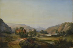 Paysage pastoral romantique du XIXe siècle représentant une vallée fluviale alpine, huile sur toile, signée