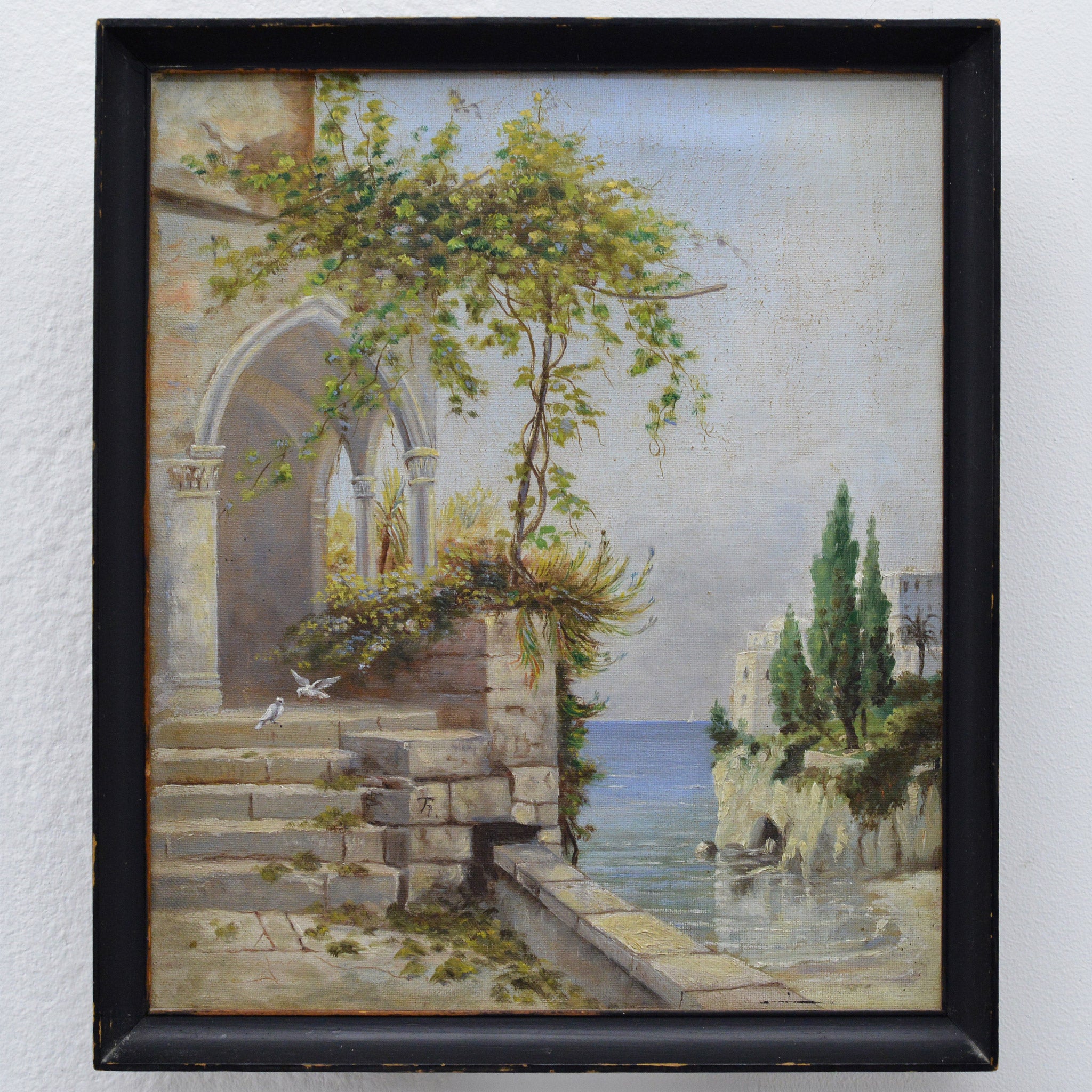 Unknown Landscape Painting - 19th Century European Romantic Mediterranean Riviera Oil Canvas Signed Framed