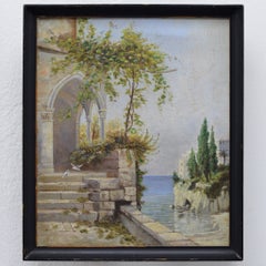 Toile à l'huile du XIXe siècle, de style romantique européen, représentant la Côte d'Azur, signée et encadrée
