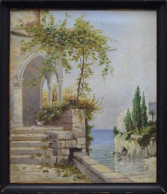 Toile à l'huile du XIXe siècle, de style romantique européen, représentant la Côte d'Azur, signée et encadrée