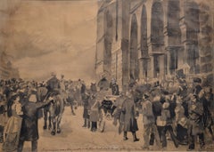 19th Century Swedish Monochrome Watercolor King Welcome Scene Signed Frame