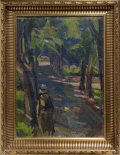 Scena in un parco, espressionismo russo dei primi anni del XX secolo, olio su tavola, firmata, incorniciata
