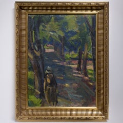 Scena in un parco, espressionismo russo dei primi anni del XX secolo, olio su tavola, firmata, incorniciata