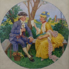 19th Century Swedish Rococo Style Poetic Garden Scene Oil Canvas Signed Nehrman