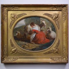 19th Century European Pastoral Milkmaid Reverse Glass Painting Gilt Tondo Frame