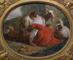 19th Century European Pastoral Milkmaid Reverse Glass Painting Gilt Tondo Frame