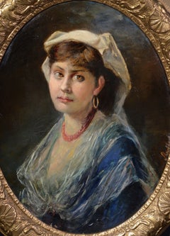 19th Century European Italian Young Woman Portrait Oil Canvas Signed Oval Framed