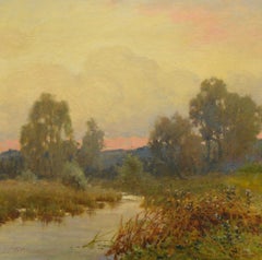 Late 19th Century Victorian British River Sunset Landscape Oil Canvas Signed