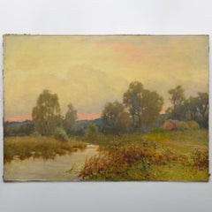 Late 19th Century Victorian British River Sunset Landscape Oil Canvas Signed