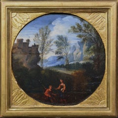 Cuadro redondo (tondo) al óleo sobre tabla, enmarcado, con un paisaje barroco europeo del siglo XVII que representa un castillo en un entorno pastoral