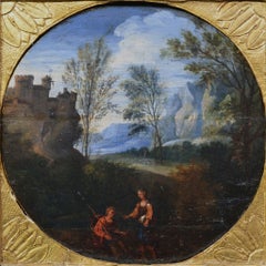 Tondo su tavola a olio incorniciato raffigurante un paesaggio pastorale con castello in stile barocco europeo del XVII secolo