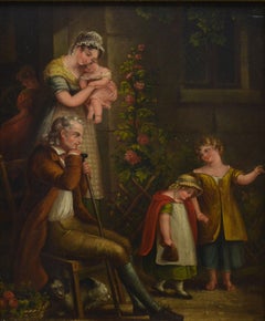 Escena familiar del género sentimental europeo de finales del siglo XVIII, óleo sobre tabla de madera, enmarcada