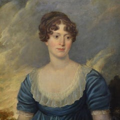 Early 19th Century Empire Romantic Portrait Noble Young Lady in Blue Oil Canvas