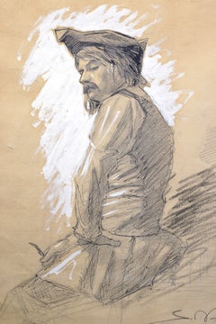 Late 19th Century European Portrait Drawing Man in Tricorn Mixed Media Signed