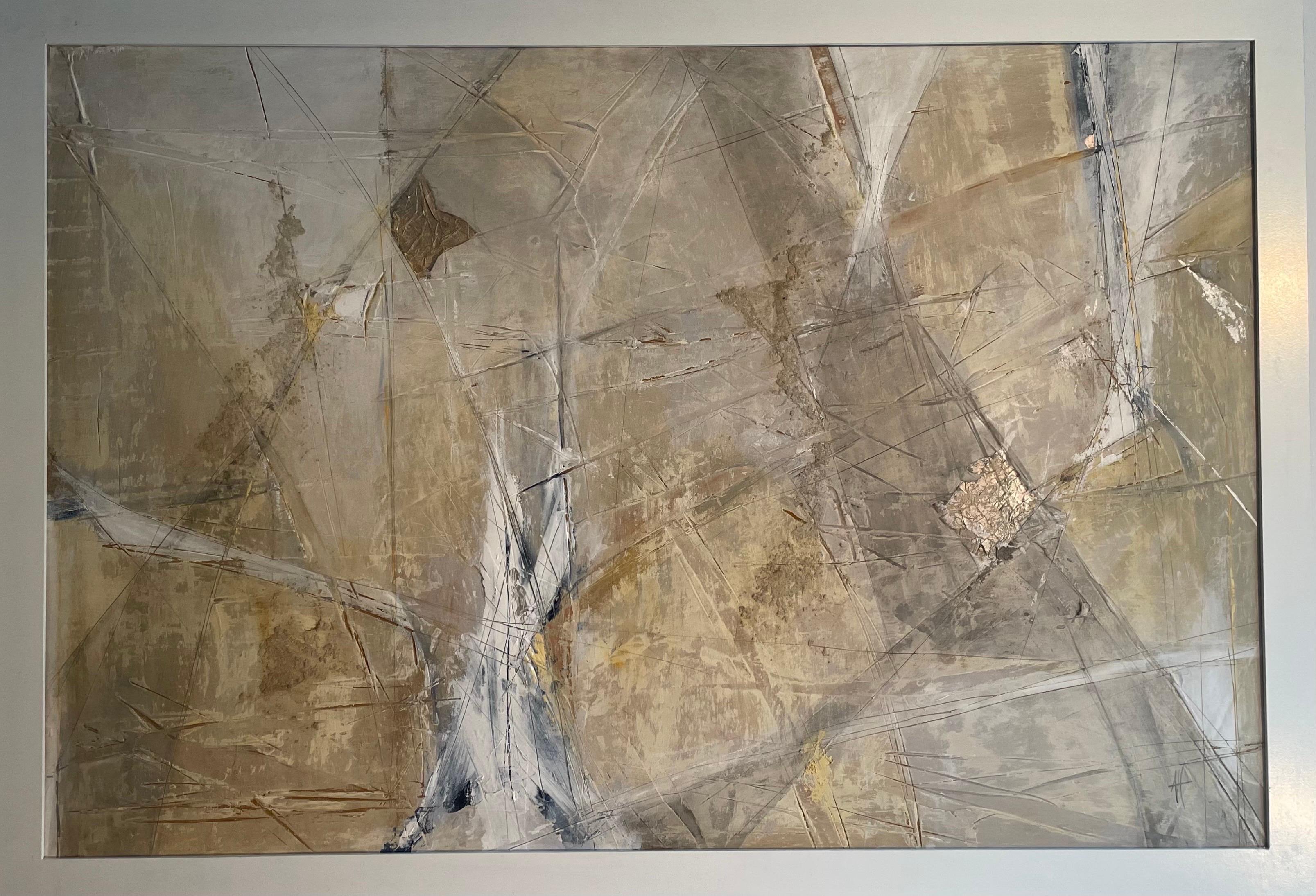 Pintura acrílica texturizada contemporánea grande en blanco y arena por Anette Holmberg