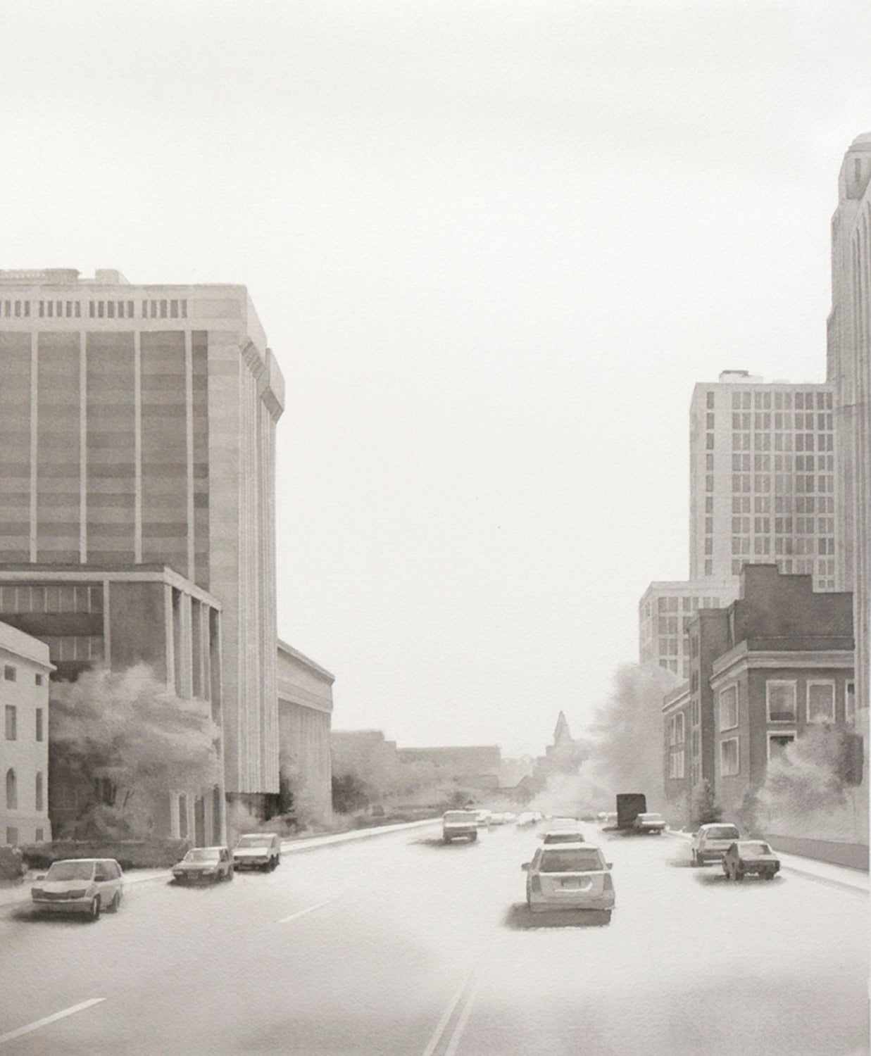 Scott Nelson Foster Landscape Art - Washington Street (Modern Realist Cityscape Black & White Watercolor Painting)