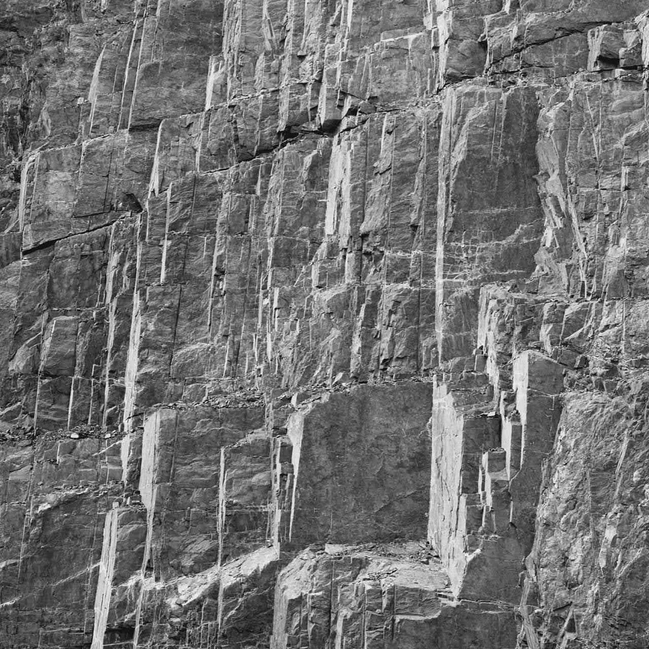 Andrew Buck Black and White Photograph - Rockface 18 (Large Abstract Square Black and White Photo of Jagged Rock Quarry)