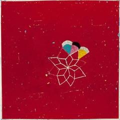 Red Quilt (Solid Red Square Encaustic Painting on Panel with Geometric Detail) 9