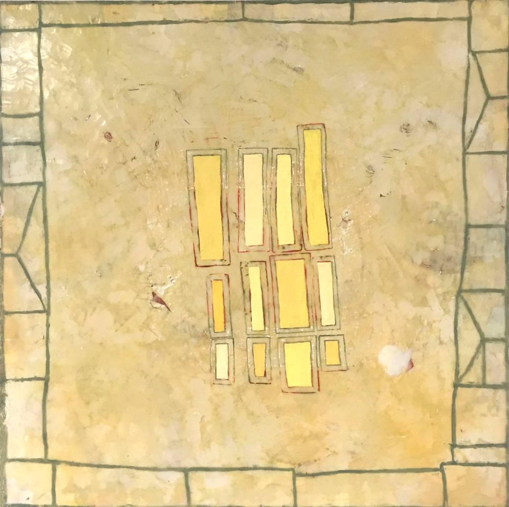 Donise English Abstract Painting - Yellow Quilt (Modern Abstract Butter Yellow Encaustic Painting on Panel)