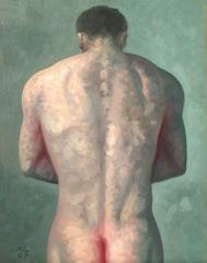 Back 3 (Small Oil Painting of SIngle Male Nude on Teal Background & Black frame)