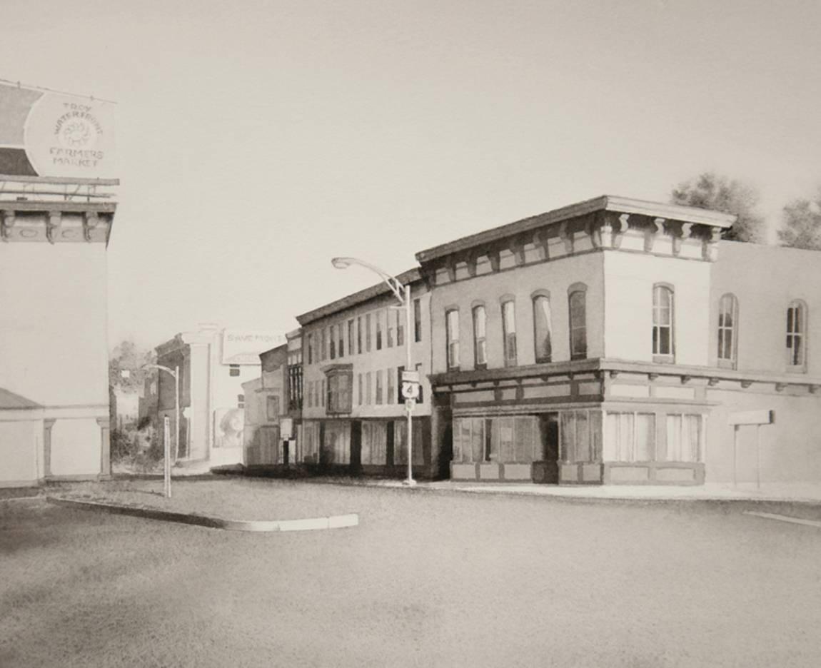 « King Street, Troy », paysage urbain réaliste moderne à l'aquarelle noir et blanc