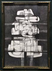 Infanta XXII: Abstract Cubist Style Graphite Drawing in Mid Century Modern Frame