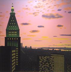 Bill Sullivan : New York, NY (peinture à l'huile d'un paysage urbain, coucher de soleil rose à Manhattan)