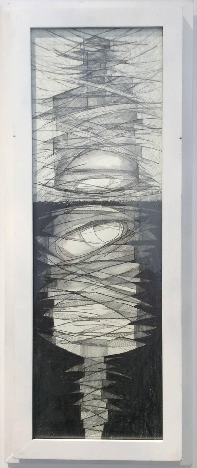 David Dew Bruner Abstract Drawing - Morandi Origami C (Vertical Graphite Drawing in Mid-Century Modern Style)