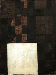 Retro White Square (Small Abstract Painting, Earth Toned Browns & Ivory Square Detail)