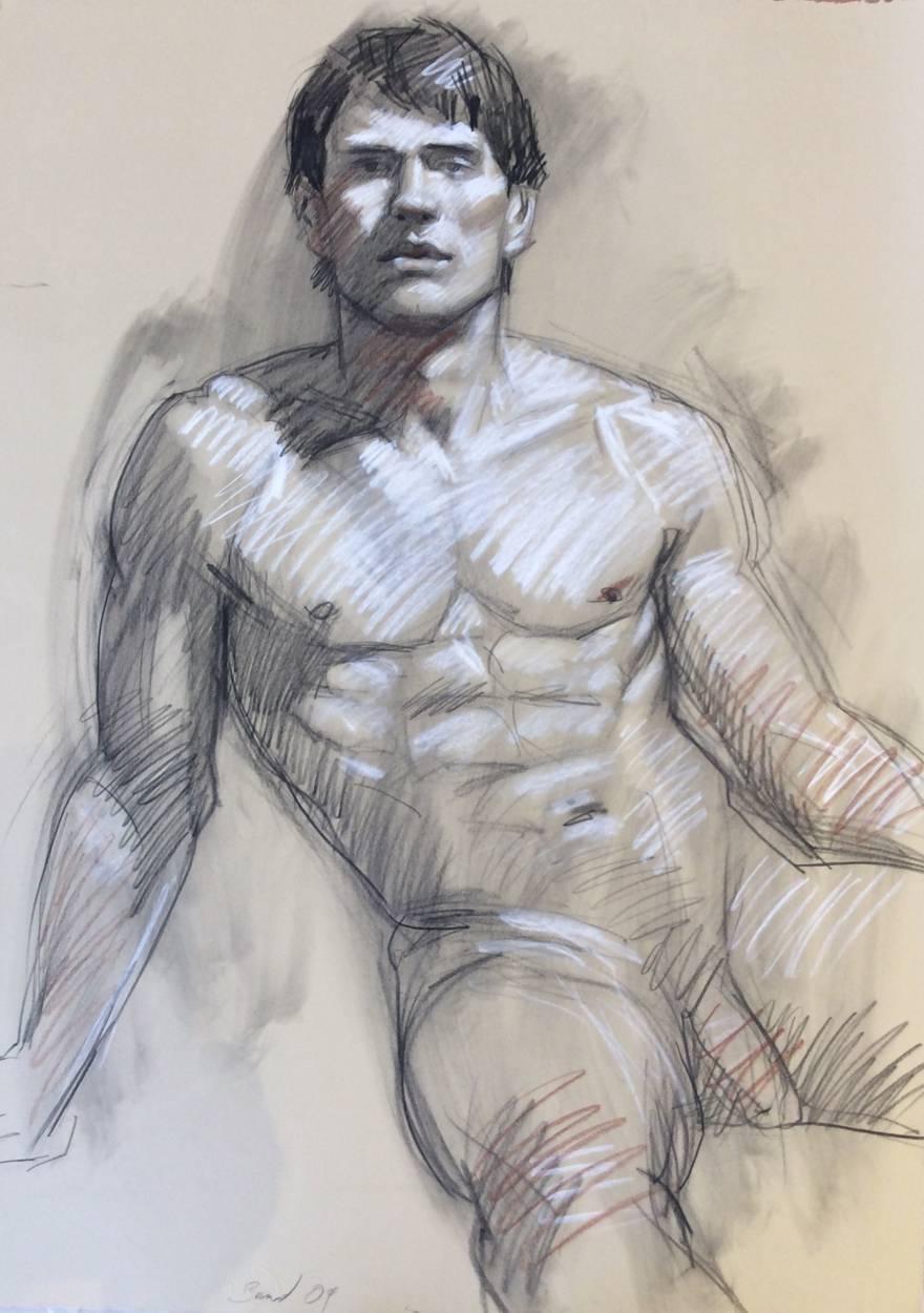 MB 802 (Contemporary Figurative Drawing of Male Nude with Wood Frame) - Academic Art by Mark Beard