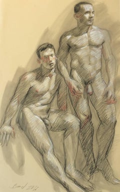 MB 806 (Figurative Charcoal Drawing on Paper of Two Muscular Male Nudes)