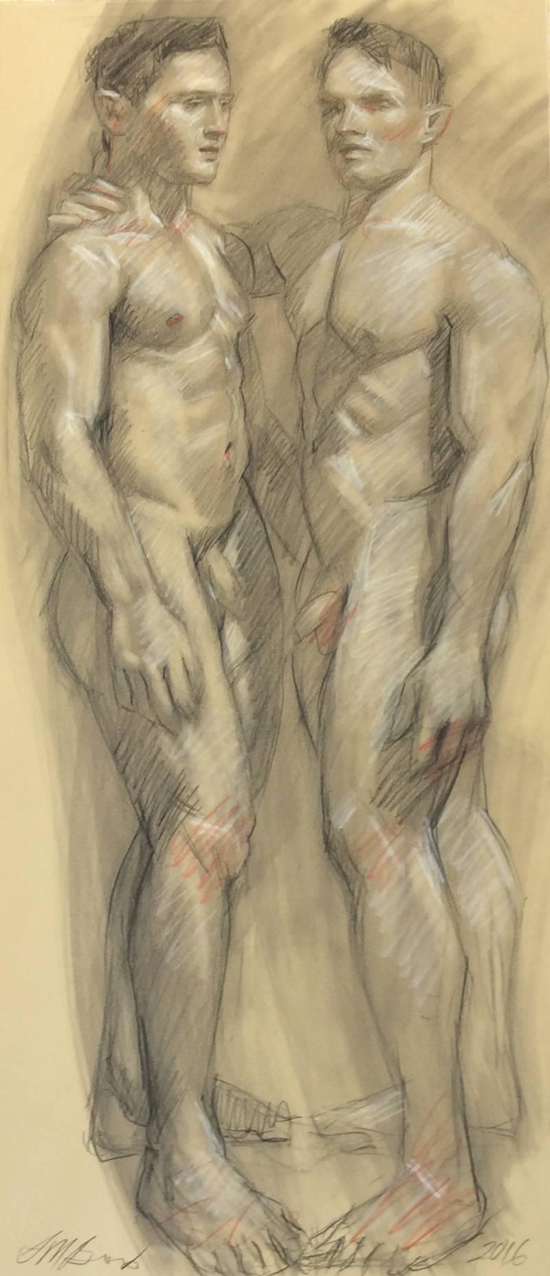 MB 808 (Dibujo figurativo a carboncillo sobre papel de dos modelos masculinos desnudos)