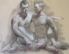 Vintage MB 809 (Figurative Charcoal Drawing on Paper of Two Seated Male Nude Models)