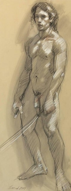 MB 810 (Dibujo al carbón de desnudo masculino figurativo sobre papel Arches)