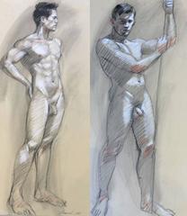 MB 801 A&B (dessin figuratif au fusain double face de deux nus masculins)