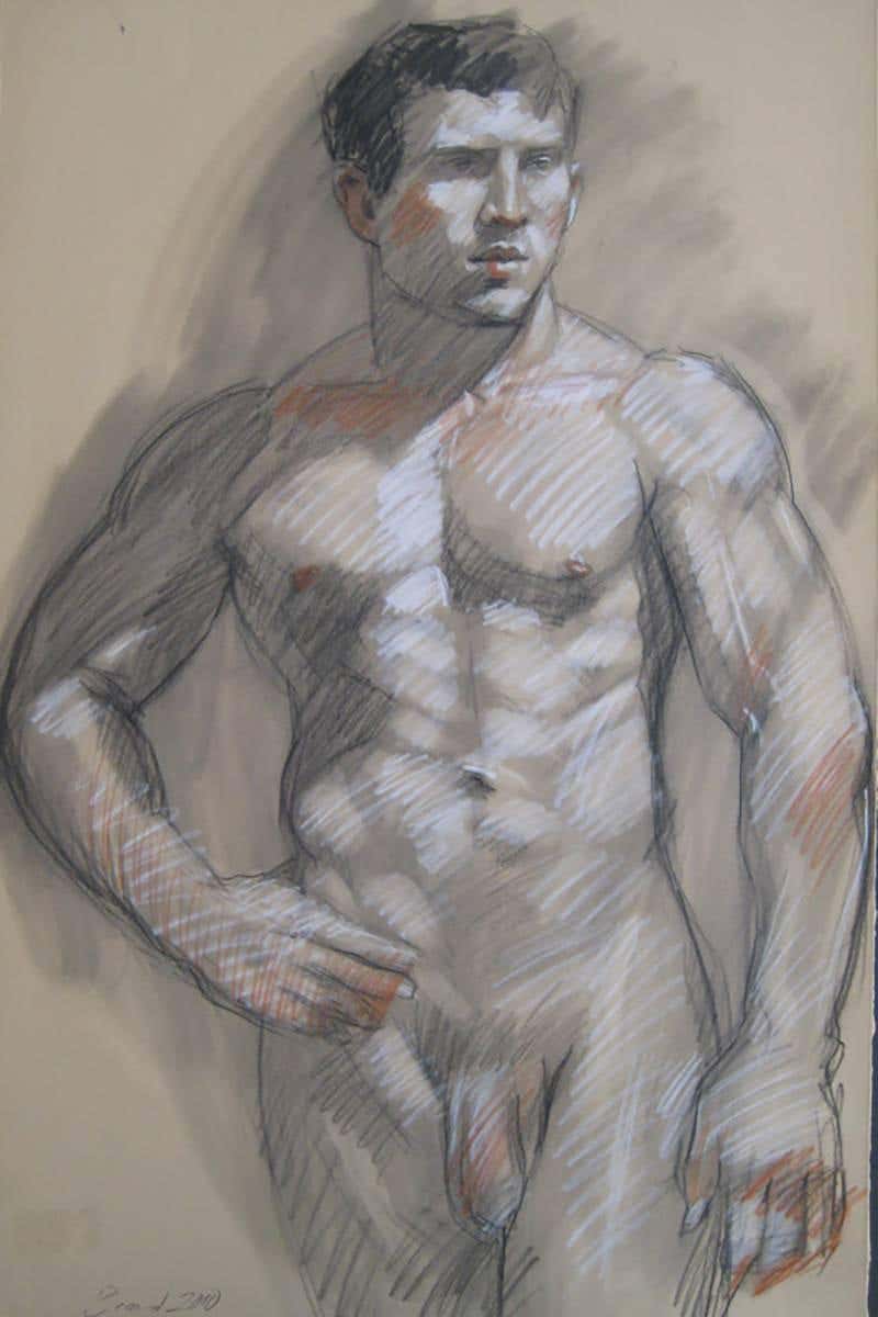 MB 053 (Figurative Charcoal Drawing of a Muscular Male Nude on Arches Paper)