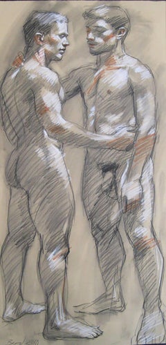 Mark Beard 054 (Figurative Charcoal Drawing of Two Male Nudes on Arches Paper) 