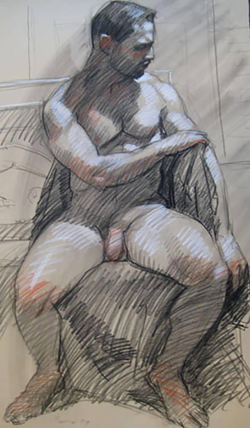 MB 025 (Figurative Charcoal Drawing of Seated Male Nude on Arches Paper) - Art by Mark Beard
