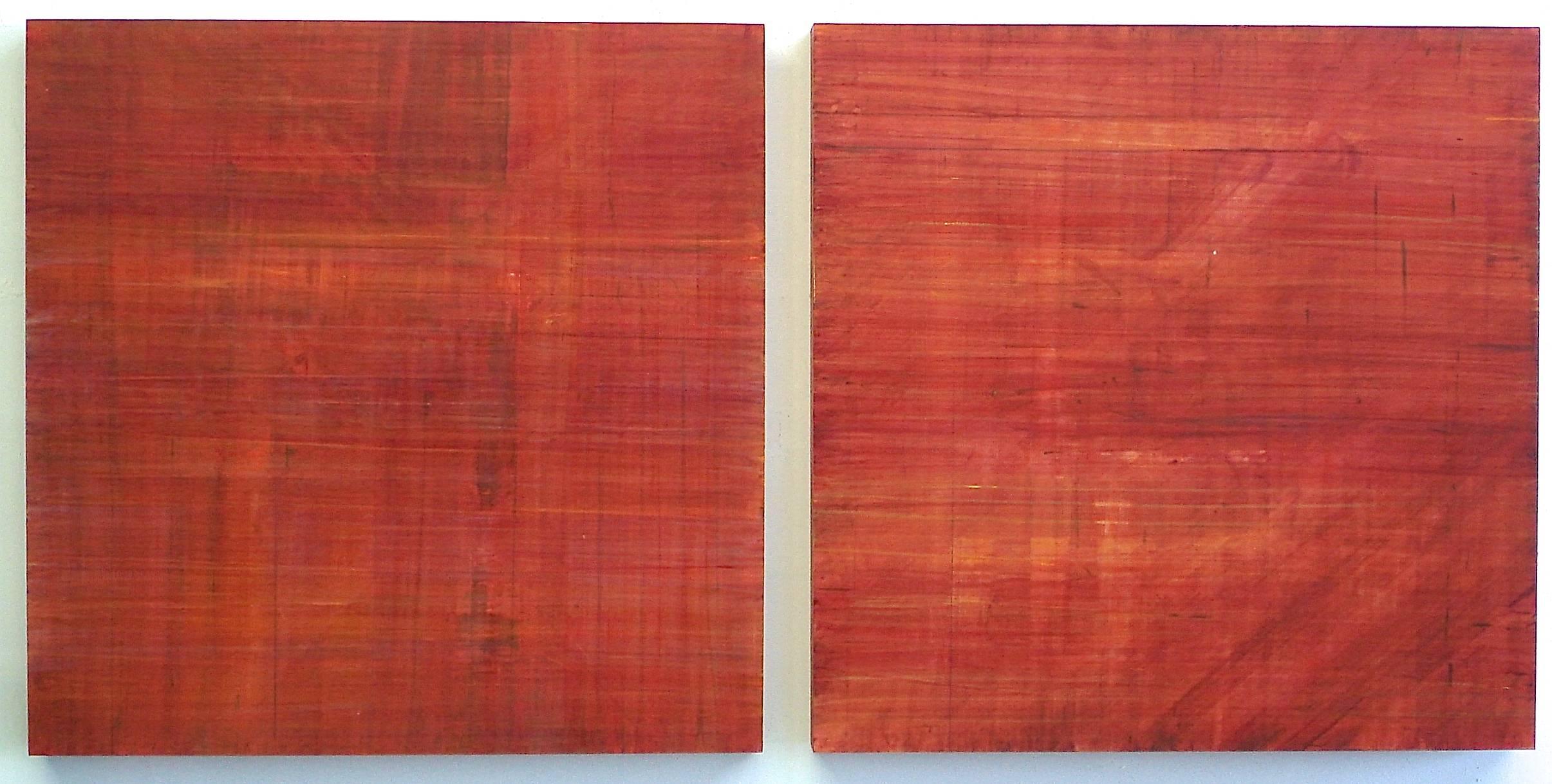 Ginny Fox Abstract Painting - Minimalist Abstract Color Field Diptych Painting in Red and Orange (C15-3)