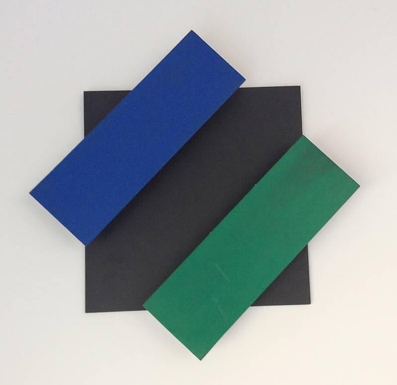 Leon Smith Abstract Sculpture - Equals Blue (Small Mid Century Modern Inspired Abstract Wall Sculpture)