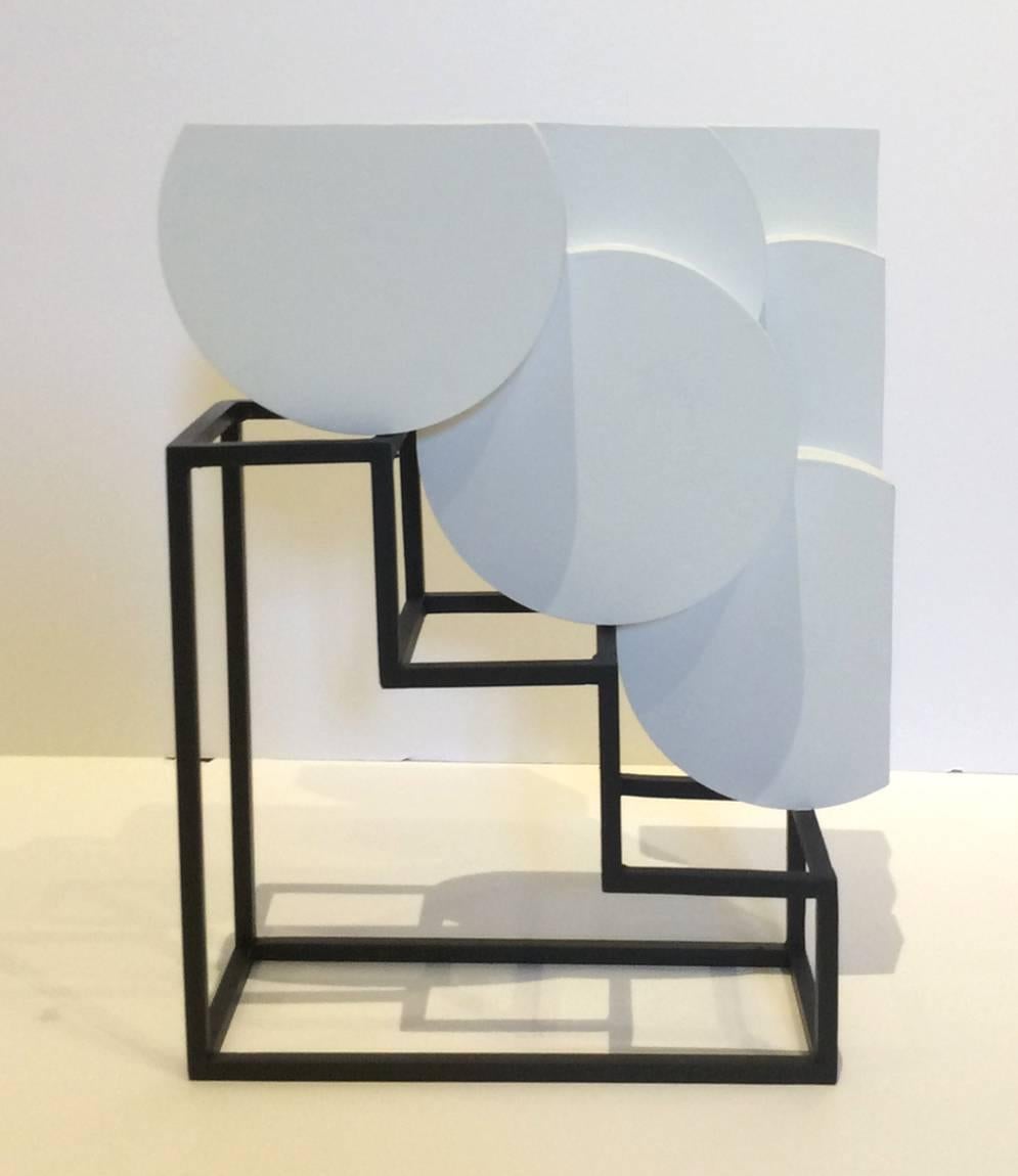 Leon Smith Abstract Sculpture - Three by Six (Small Abstract Mid Century Modern White Wood and Steel Sculpture) 