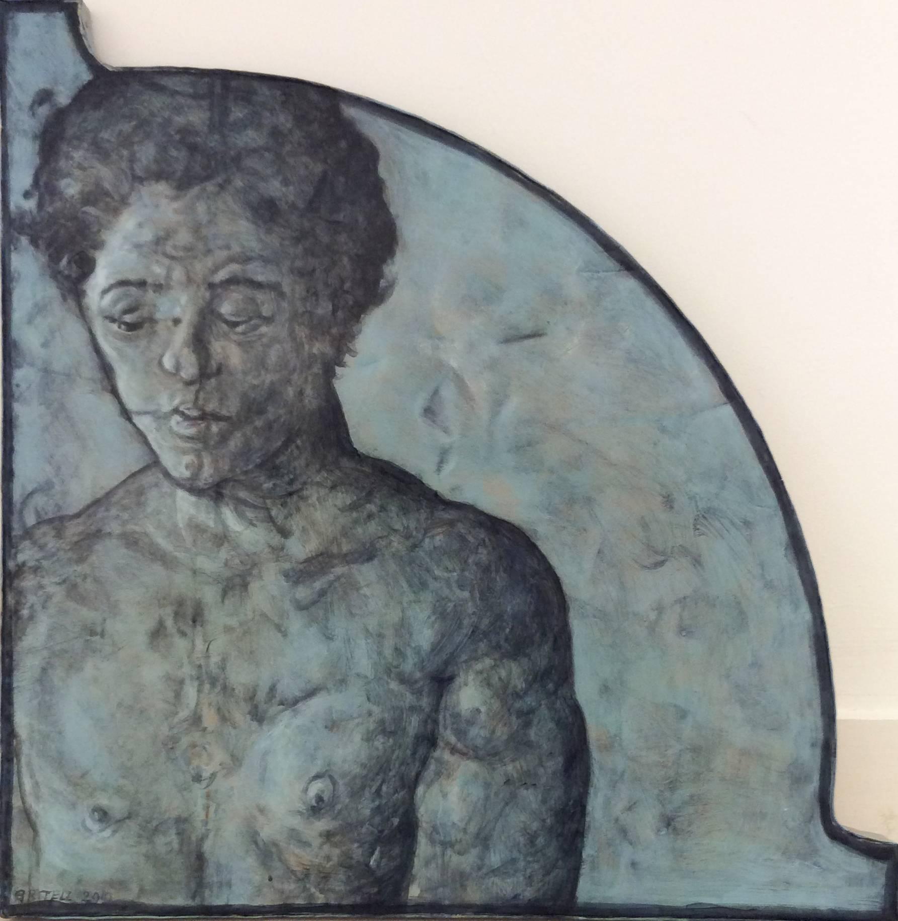 Richard Britell Figurative Painting - The Boxer (Blue Toned Portrait Painting of Young Man on Copper and Wood)