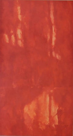 Red Boatman (Vertical Monochromatic Red Landscape Oil Painting on Canvas)