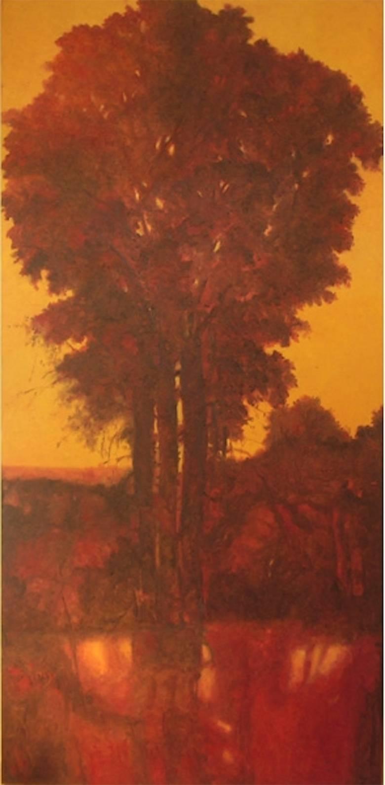 Umbra Mai Fu (Vertical, Monochromatic Red Landscape Oil Painting on Canvas)