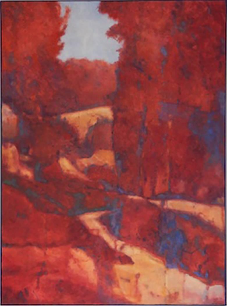 Richard Britell Landscape Painting - Wilhelm Meisters' Landscape (Vertical Landscape Oil Painting in Red and Blue)