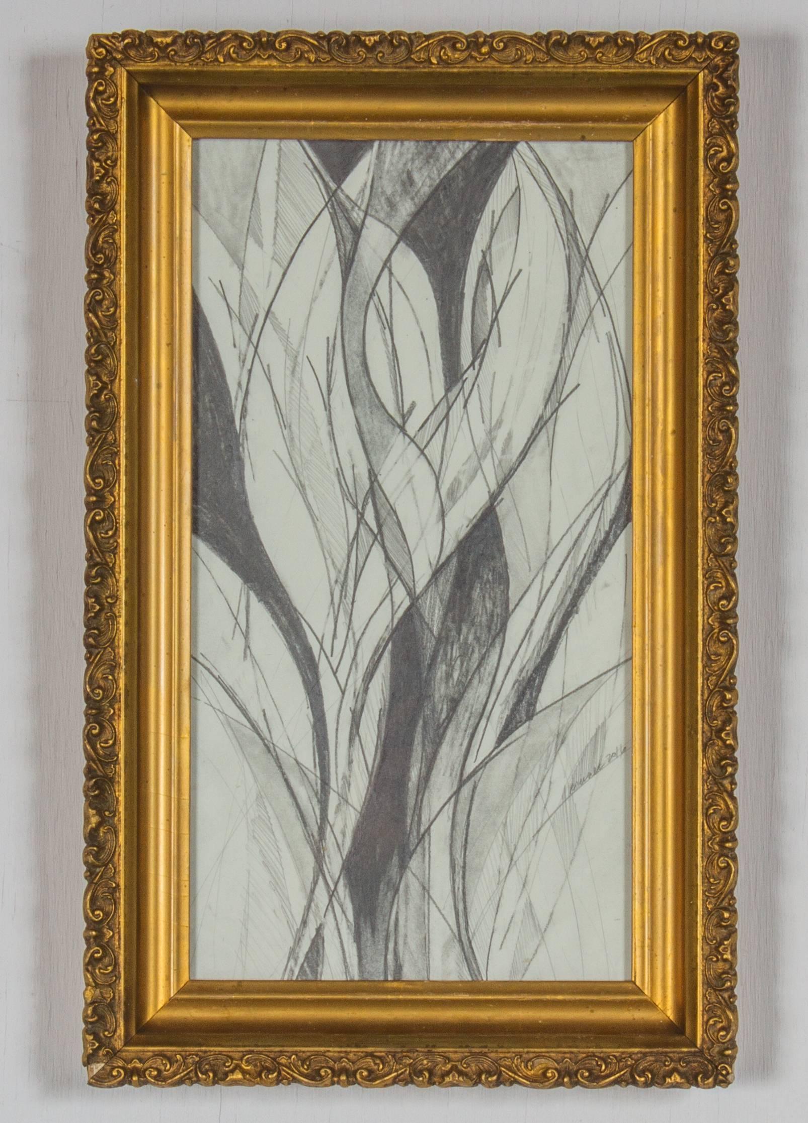 Calla Lilies (Abstract Floral Still Life Drawing in Vintage Frame)