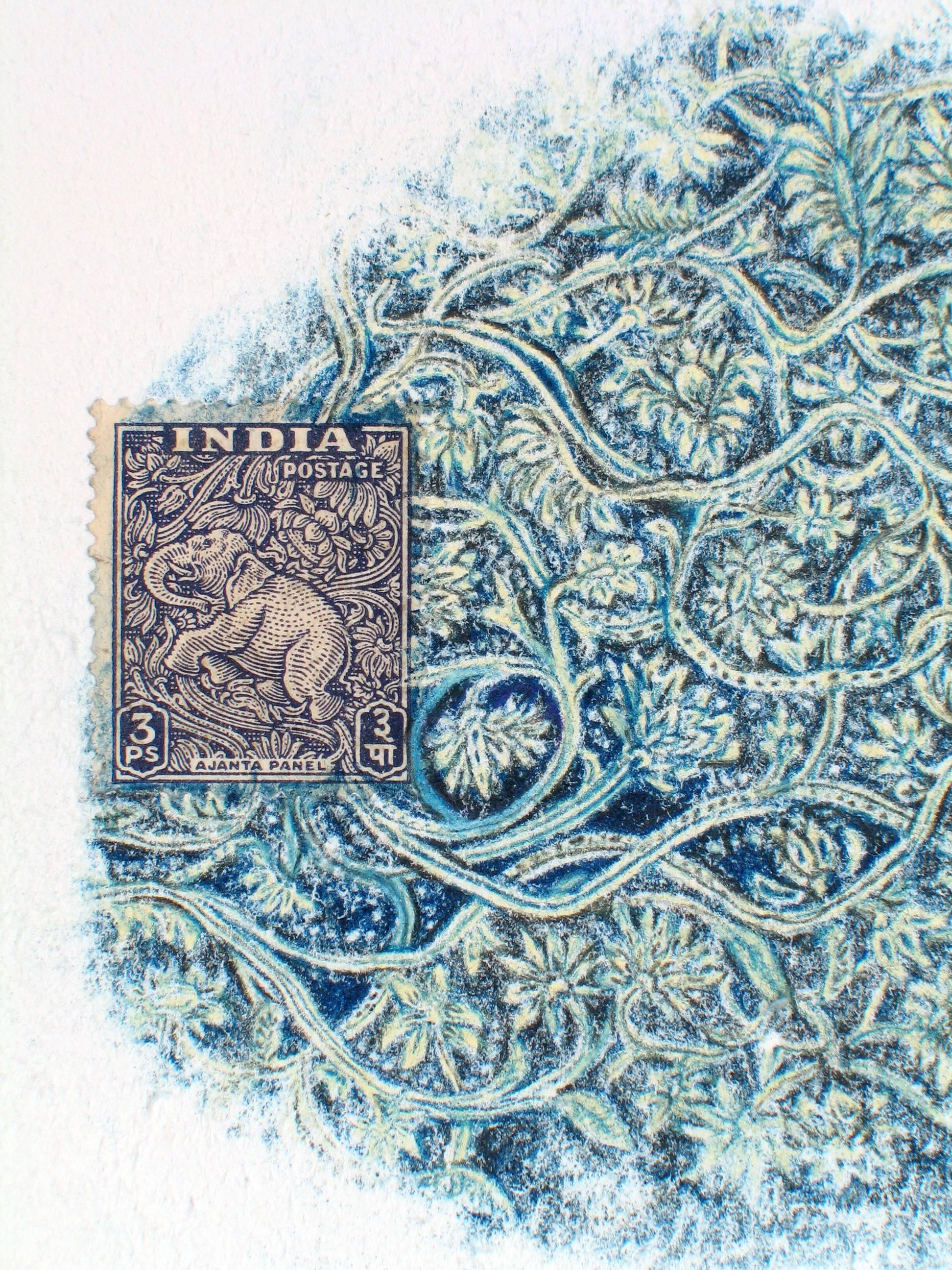 India, Elephant: Detailed Drawing with Unique Stamp and Blue Colored Pencil - Art by Andrea Moreau