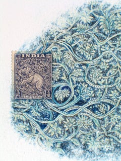 India, Elephant: Detailed Drawing with Unique Stamp and Blue Colored Pencil